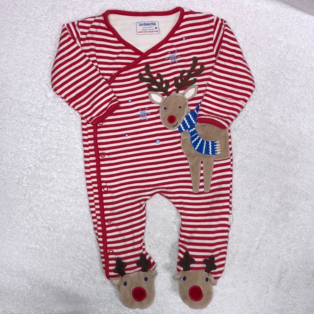 Jojo maman Bebe 6-9m Rudolph Christmas sleeper red white striped